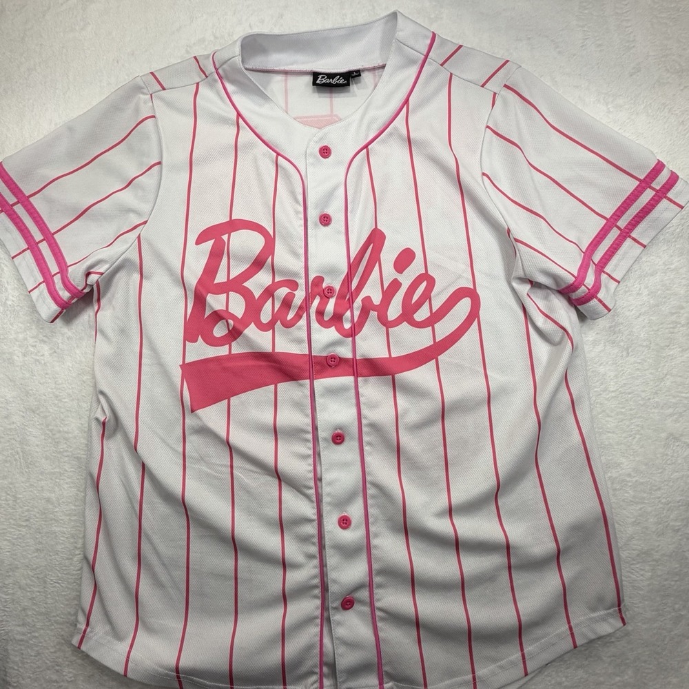 Barbie Icon 59 White Pink Stripe Baseball Jersey Button Front Womens Large